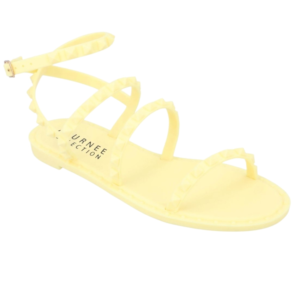 Journee Collection Saphira Yellow‎ Multi Strap Studded Jelly Sandals NEW